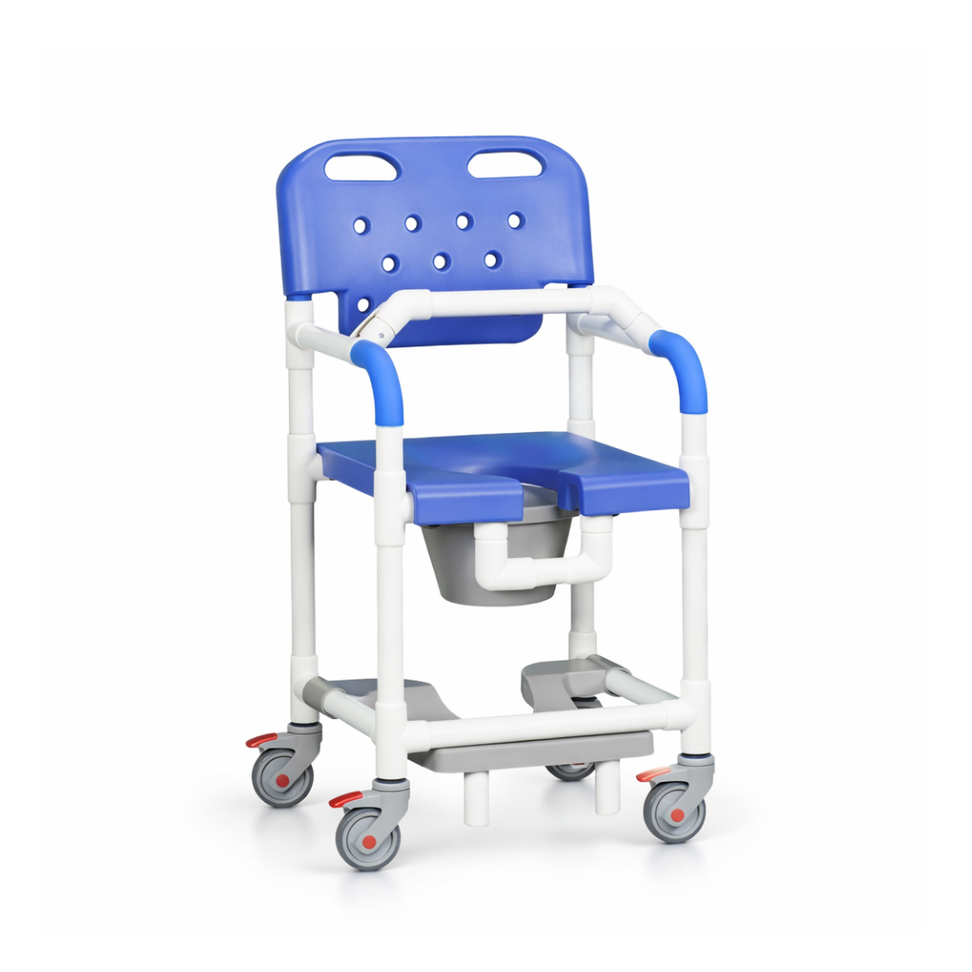 The IPU Platinum Shower Chair Commode features a blue and white design, armrests, durable plastic seat, detachable bucket, slideout footrest, lap bar, and four locking wheels for safety.